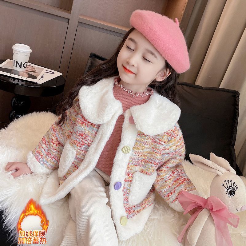 女童加绒外套宝宝冬季新款洋气时尚女孩彩色扣翻领加厚小香风夹克