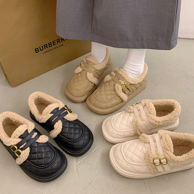 美拉德网红加绒豆豆棉鞋女2023秋冬新百搭厚底防滑保暖毛毛雪地靴