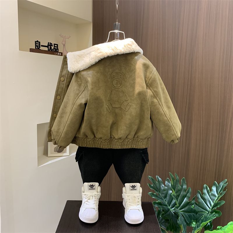 男童皮衣加绒外套2023新款酷帅儿童加厚夹克潮宝宝秋冬装袄衣服