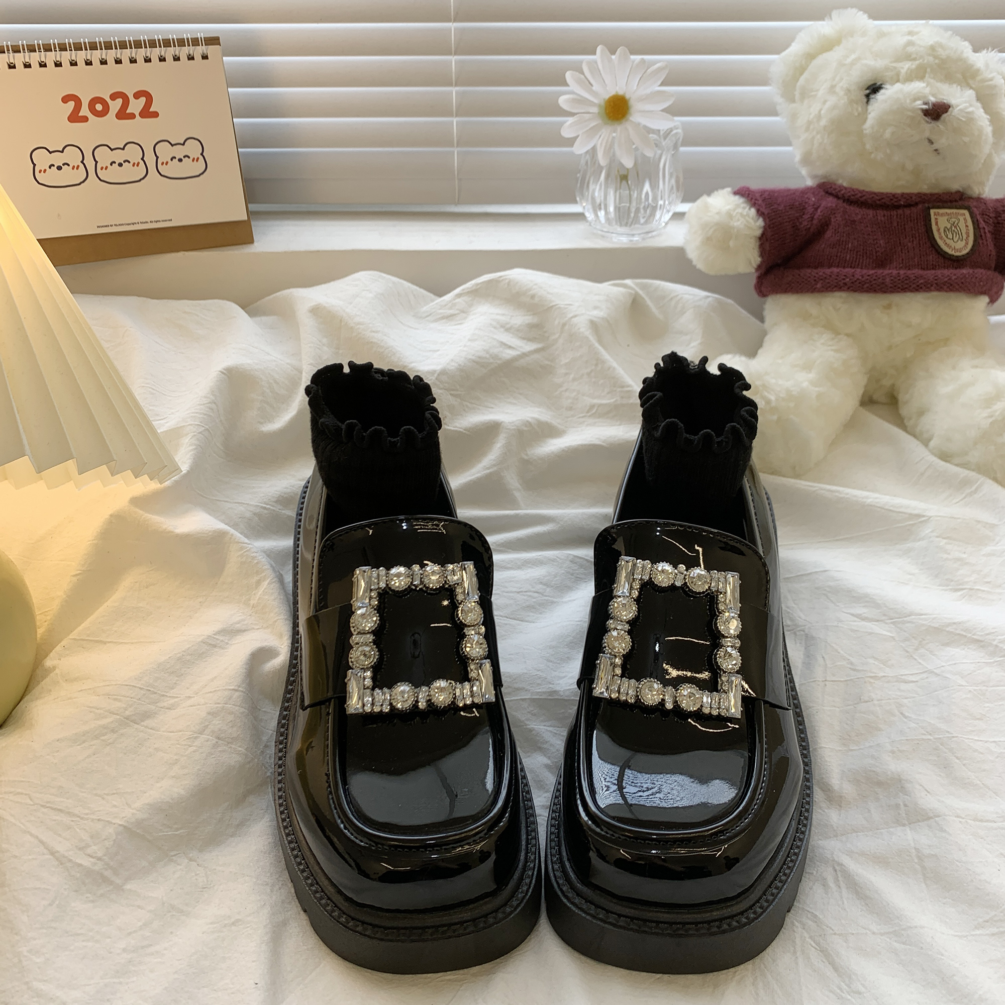 百搭乐福鞋女厚底2023年春秋季新款英伦风小皮鞋增高方扣粗跟单鞋