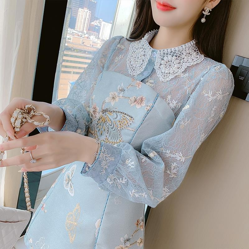 改良旗袍礼服蕾丝长袖洋装2023春秋新款年轻少女名媛气质小个子