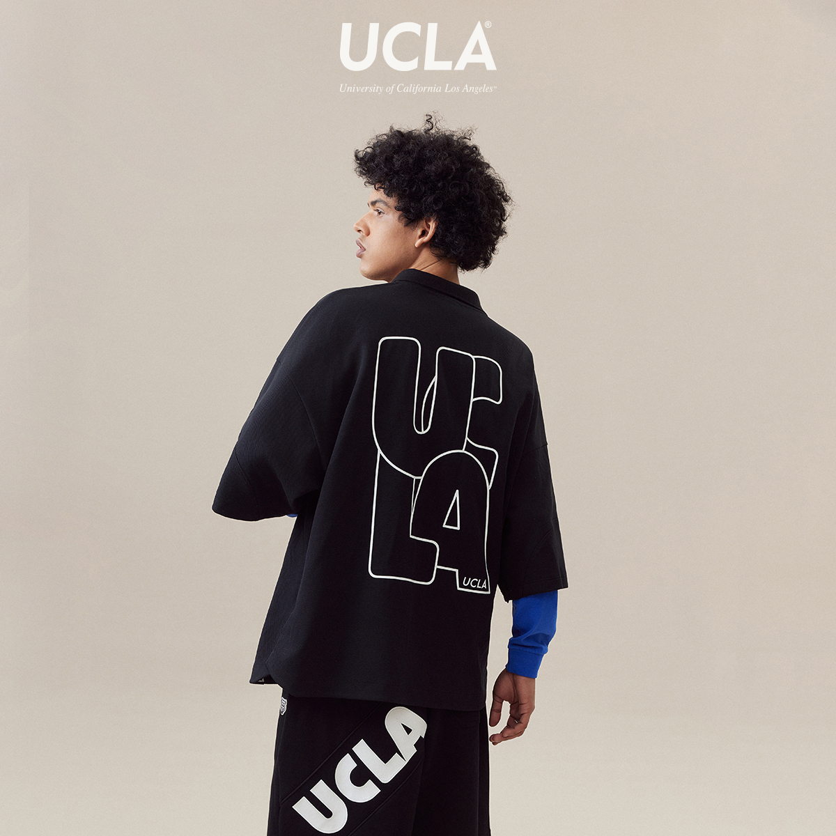 UCLA 23SS 斜纹肌理大字母印花短袖POLO衫宽松廓形休闲夏季上衣潮_服饰