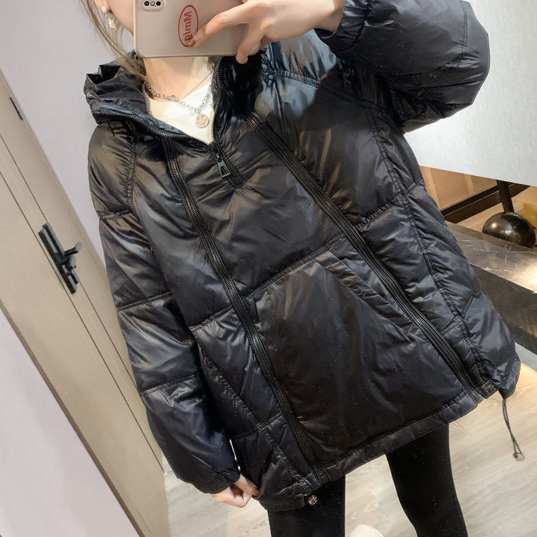 爆款反季羽绒服女韩版宽松连帽气质显高减龄套头白鸭绒两穿开衫同