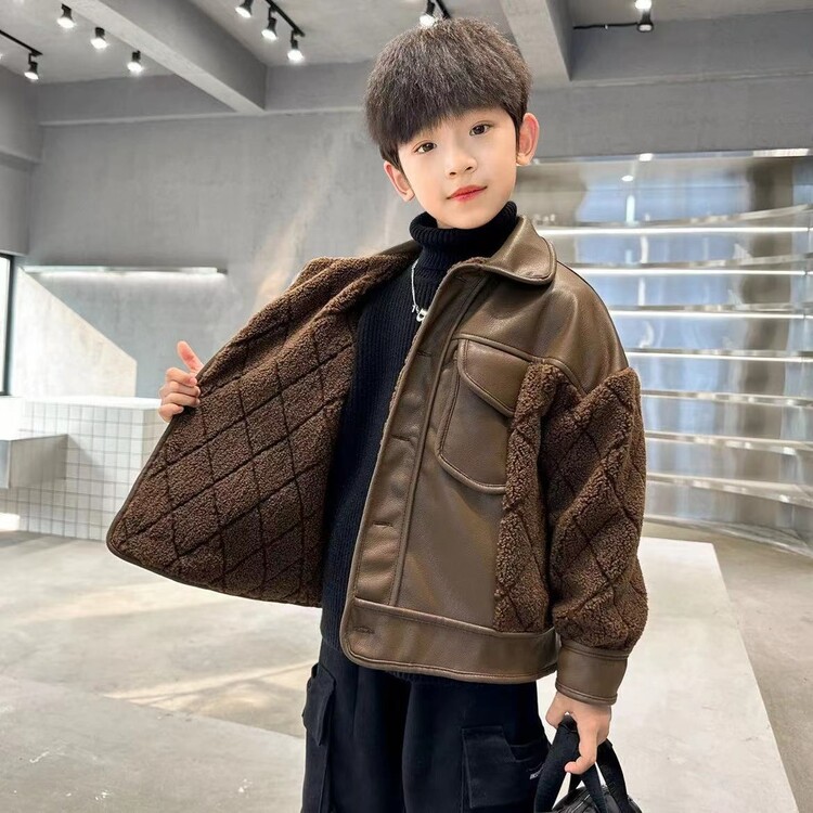 洋气保暖帅气男童皮衣外套秋冬装新款加绒加厚冬季儿童拼接夹克