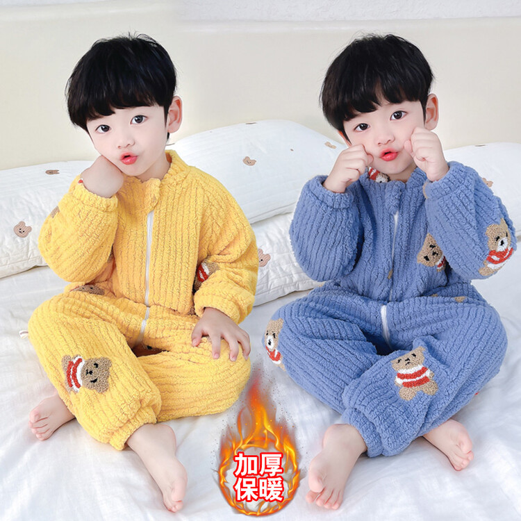 男童连体睡衣秋冬季法兰绒加厚款儿童婴儿防踢被男宝宝珊瑚绒睡袋