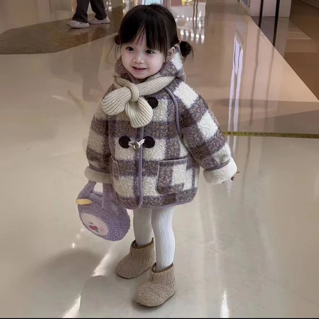 女童2023秋冬新款中小童宝宝洋气韩版毛呢大衣加厚格子呢子外套潮