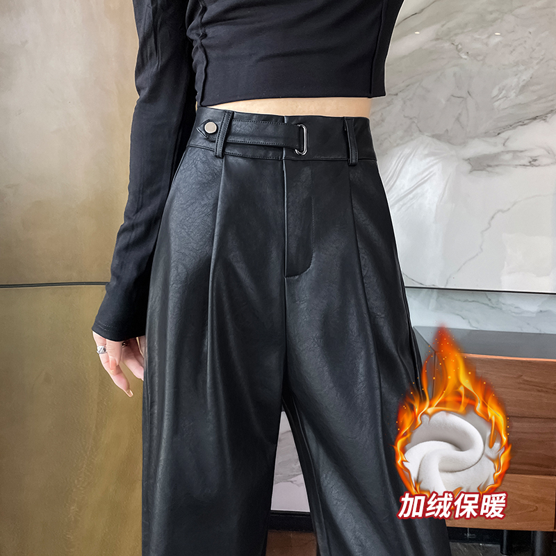 黑色加绒哑光直筒pu皮阔腿裤2023秋冬高腰垂感显瘦休闲宽松拖地裤