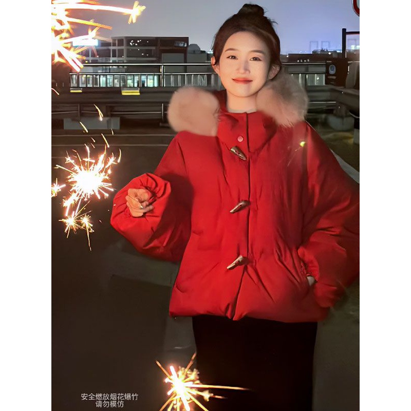 毛毛领红色棉服女秋冬新款牛角扣短外套加厚保暖小个子加厚棉衣潮