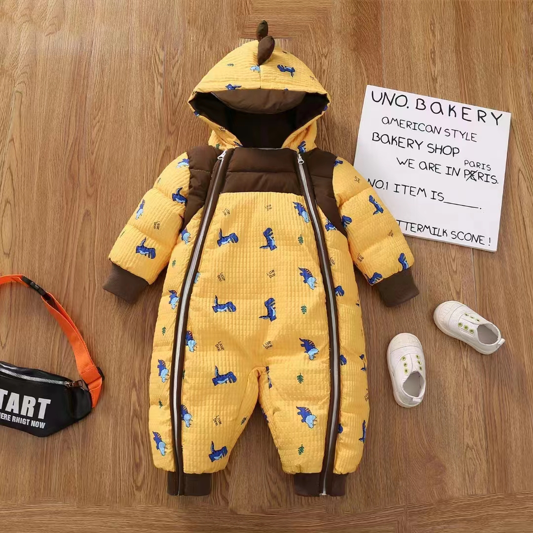 宝宝婴幼新生儿连体衣冬装外出加绒加厚哈衣连帽抗菌棉爬爬服抱衣