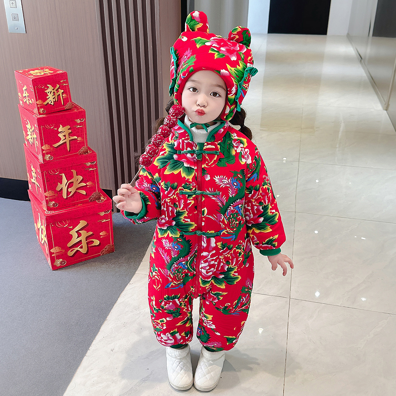 土潮东北大花婴儿拜年服厚棉衣儿童女童加厚连身衣中国风爬服哈衣