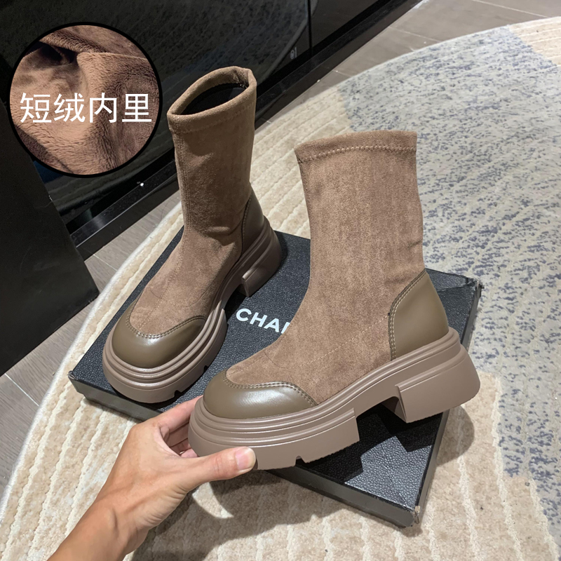 2023秋冬百搭时尚新款棉靴厚底短靴女弹力瘦瘦靴英伦风复古马丁靴