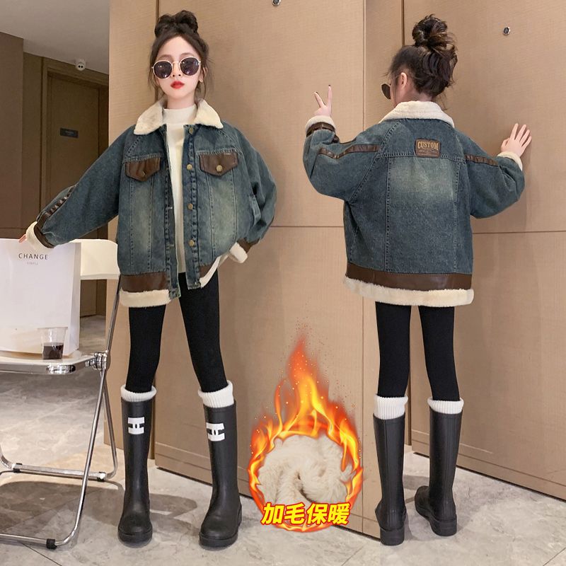 巴拉巴拉女童加绒牛仔外套2023冬装新款洋气女大童外套加厚棉服冬