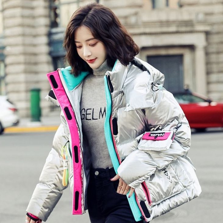 波斯2023爆款白鸭绒羽绒服女冬季短款免洗字母亮面加厚撤柜面包