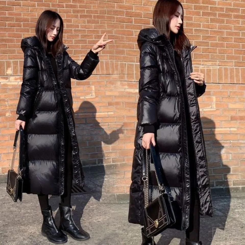 新款羽绒服2023新款黑色羽绒服韩版长款亮面羽绒服女加厚修身羽