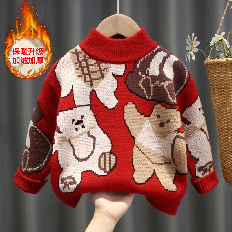 儿童加绒加厚打底毛衣针织衫新年装秋冬装新款男女童拜年服圣诞款