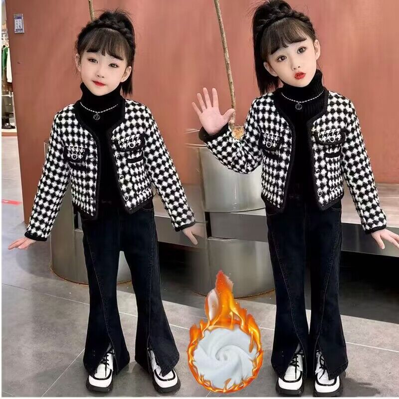 女童小香风套装2023新款加绒喇叭裤千鸟格加棉网红外套秋冬两件套