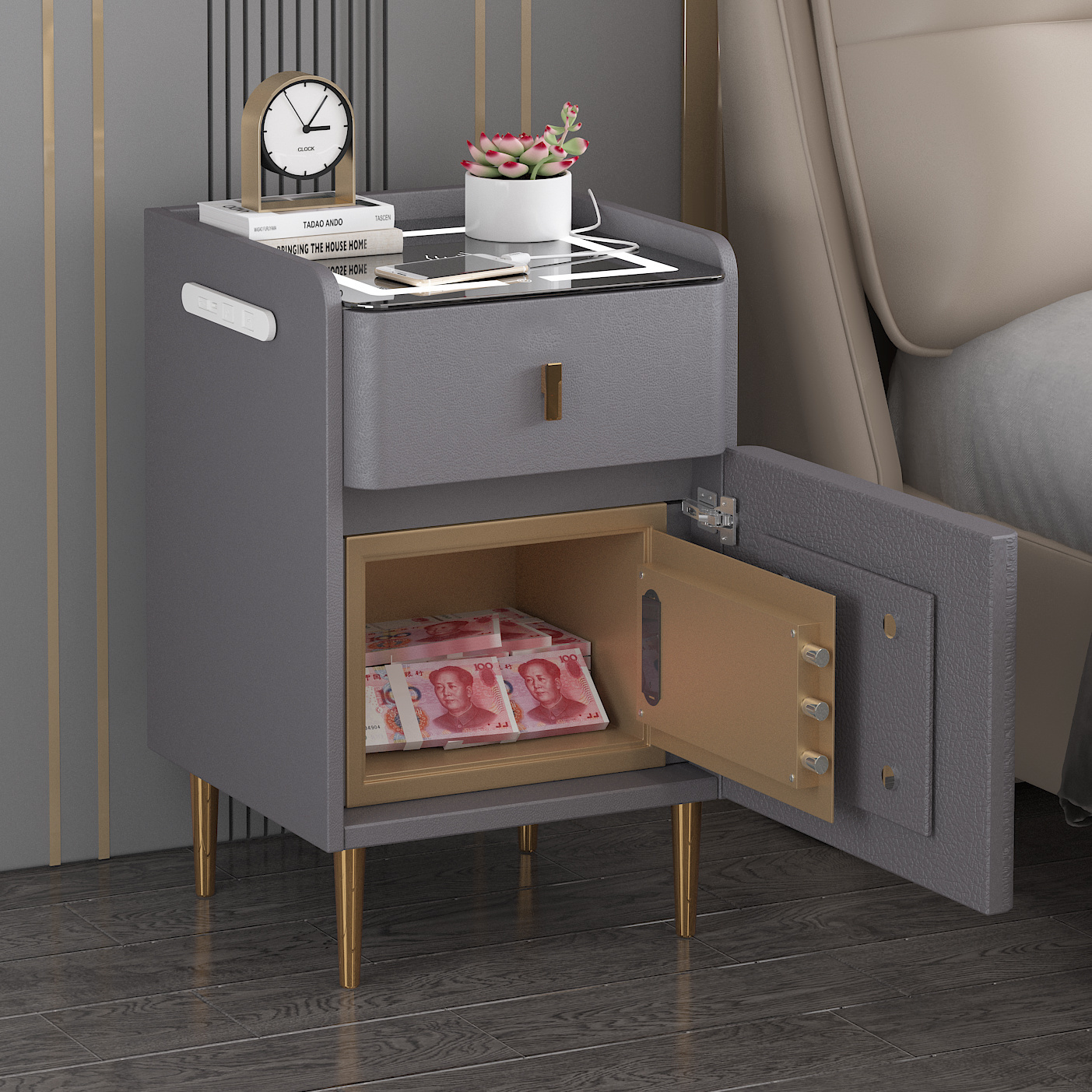 智能客厅床头柜带保险柜多功能家用带锁小型可无线充箱床边柜一体