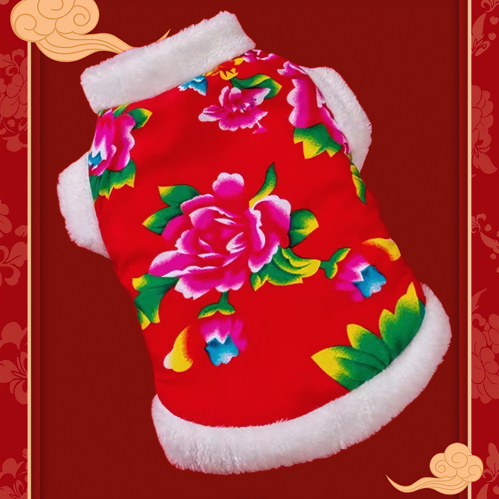 宠物衣服猫咪春冬拜年新年喜庆加绒小背心时尚单品东北大花棉袄
