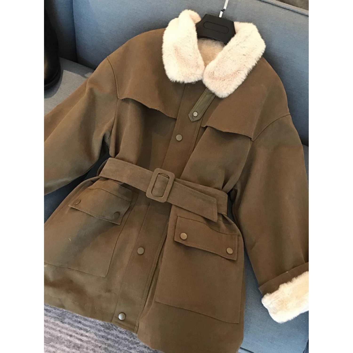 2023秋冬新款韩版加绒加厚显瘦工装毛领派克服中长款潮短外套女