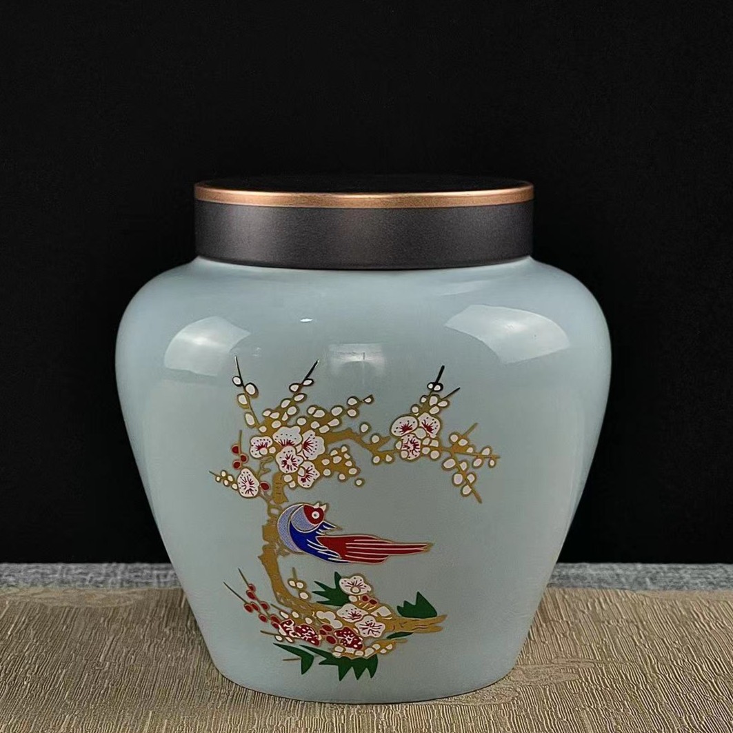 陶瓷天青釉国潮风喜上眉梢茶叶罐高端轻奢家用储物罐茶桌摆件1828