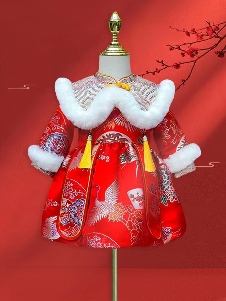 宝宝周岁礼服女冬季抓周唐装洋气中国风女童婴幼儿拜年服喜庆加厚
