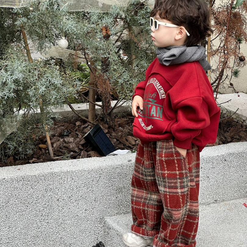 儿童新款秋冬加绒一体绒休闲套装小童圣诞套装男女宝拜年服