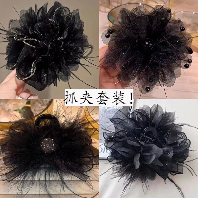 网纱羽毛抓夹女2023年新款大号后脑勺盘发发夹高级感公主头鲨鱼夹
