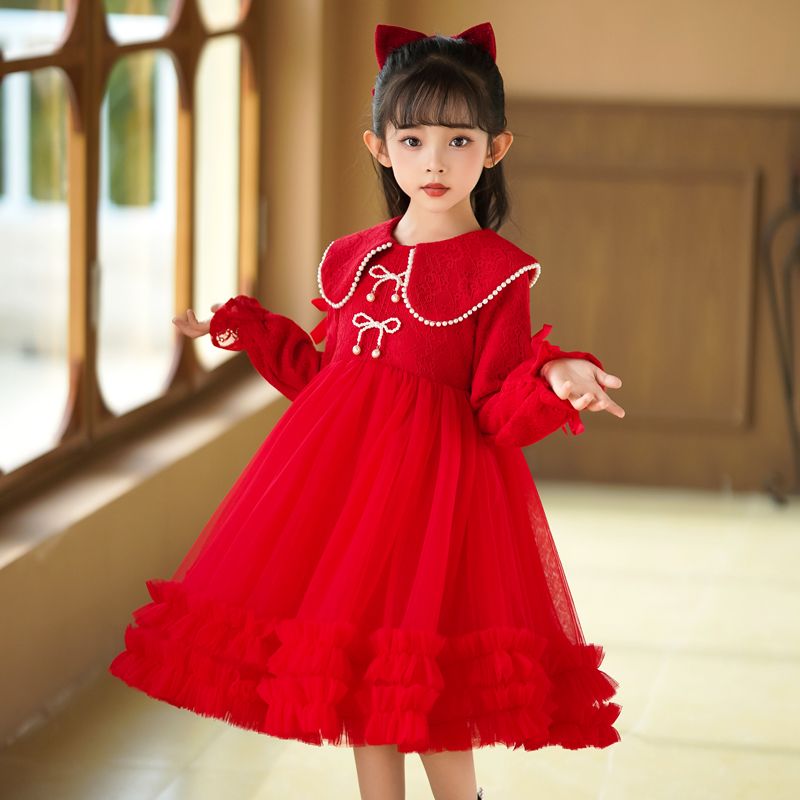 女童连衣裙2024秋冬洋气儿童加绒蕾丝公主裙子宝宝演出礼服