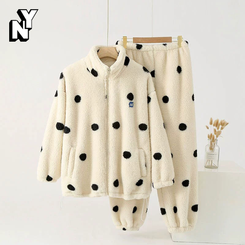 NY时尚波点法兰绒睡衣套装女秋冬季加厚加绒立领拉链可外穿家居服