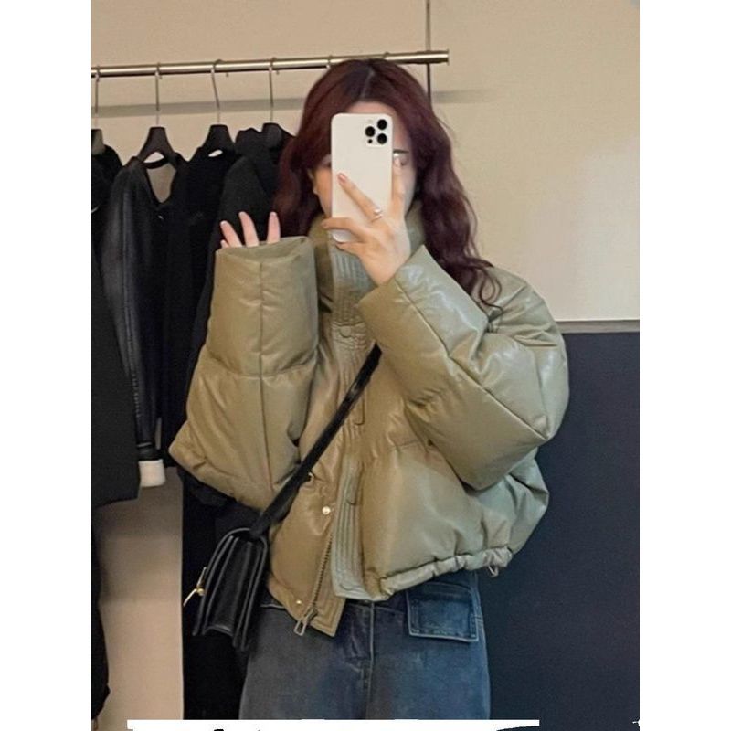 波司澄免洗PU皮羽绒服女2023韩版宽松加厚短款白鸭绒面包服小个子