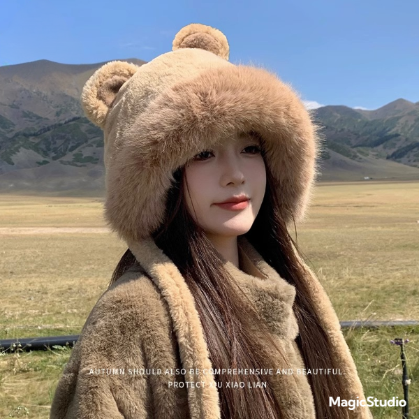 帽子女冬季可爱小熊毛绒护耳帽2023新款加绒加厚保暖显脸小雷锋帽