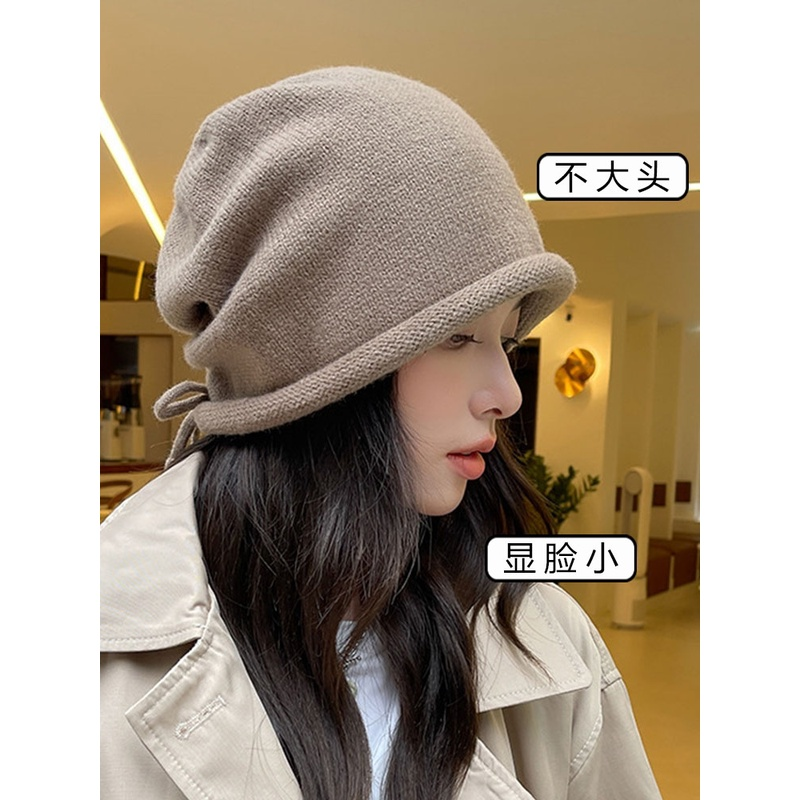 网红堆堆帽女秋冬日系显脸小包头冷帽大头围抽绳卷边针织毛线帽子
