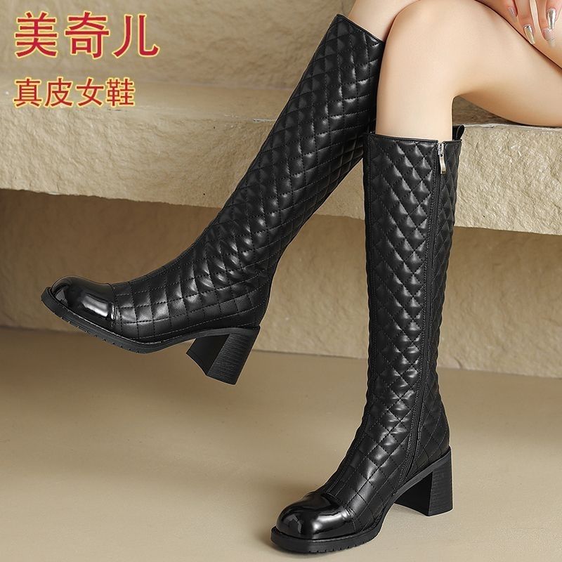 软皮粗跟高跟长靴女西部高筒骑士靴2023秋冬季新款加绒切尔西靴