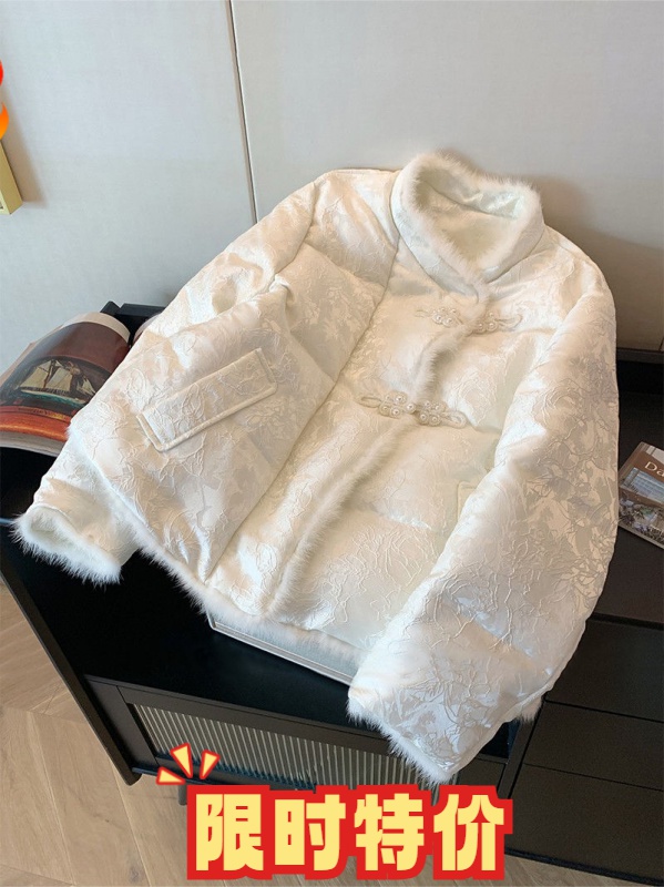 新中式立领袖口毛边拼接棉服外套女冬季2024新款保暖厚实夹棉上衣