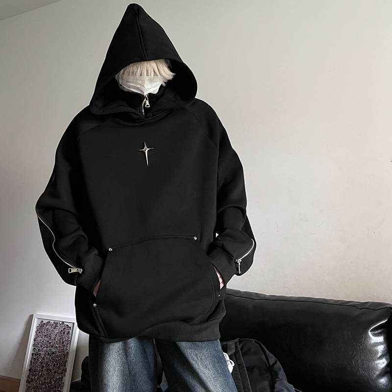 美式高街半拉链重磅卫衣男春秋潮牌oversize连帽衫假两件立领外套