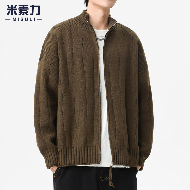 拉链开衫毛衣男宽松慵懒风半高领针织衫线衣男生冬季加厚重磅外套