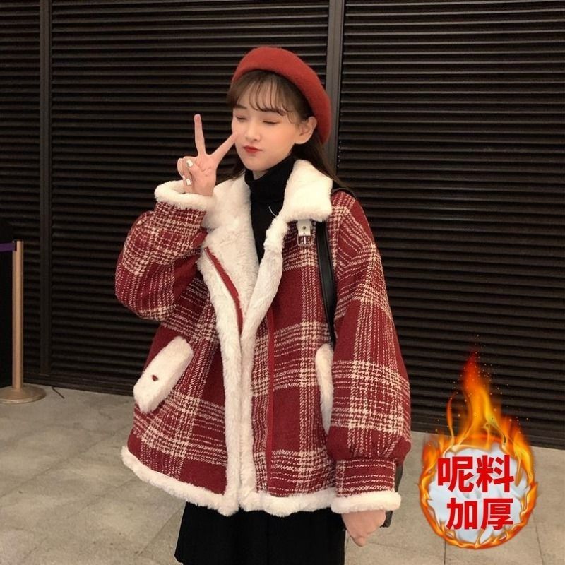 大码女装冬季加绒加厚微胖妹妹小个子格子棉袄外套洋气新款中长款