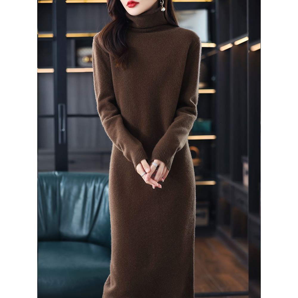 2023秋冬长款过膝针织毛衣裙女堆堆领套头长袖保暖百搭打底连衣裙