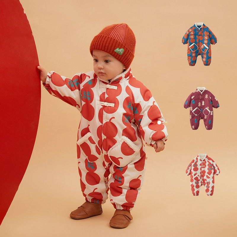 2023新年冬新款男女宝宝夹棉新年连体衣儿童外出爬服拜年服洋气厚