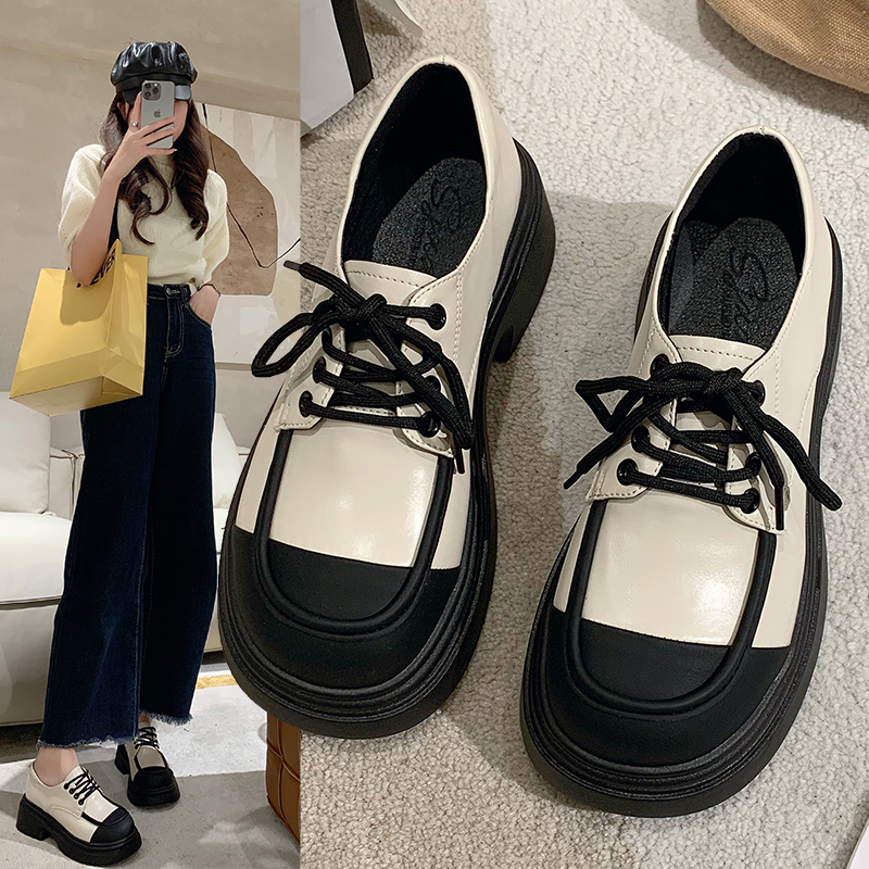 英伦风小皮鞋女2023新款百搭松糕增高单鞋系带厚底黑白拼色乐福鞋