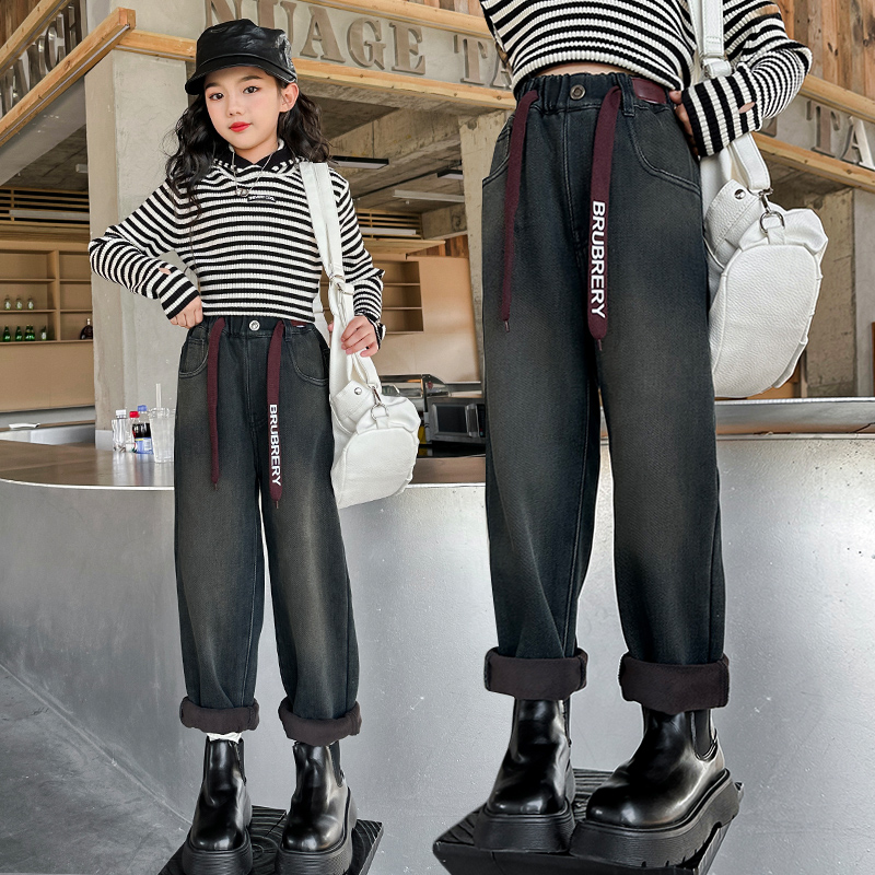 女童加绒牛仔裤秋冬装2023新款洋气中大儿童宽松休闲老爹长裤子厚