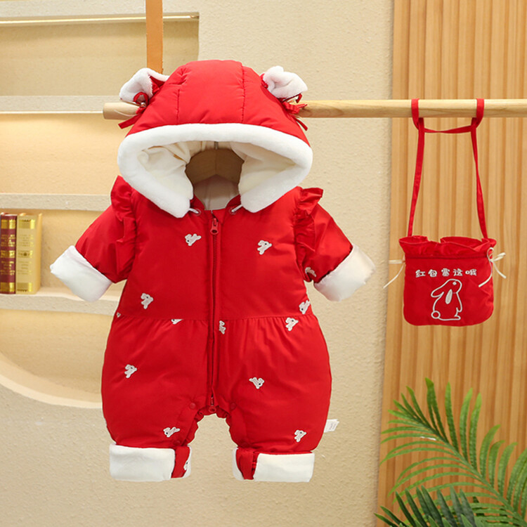 婴儿拜年服冬装新生儿过新年衣服喜庆红色加厚宝宝满月一外出爬服
