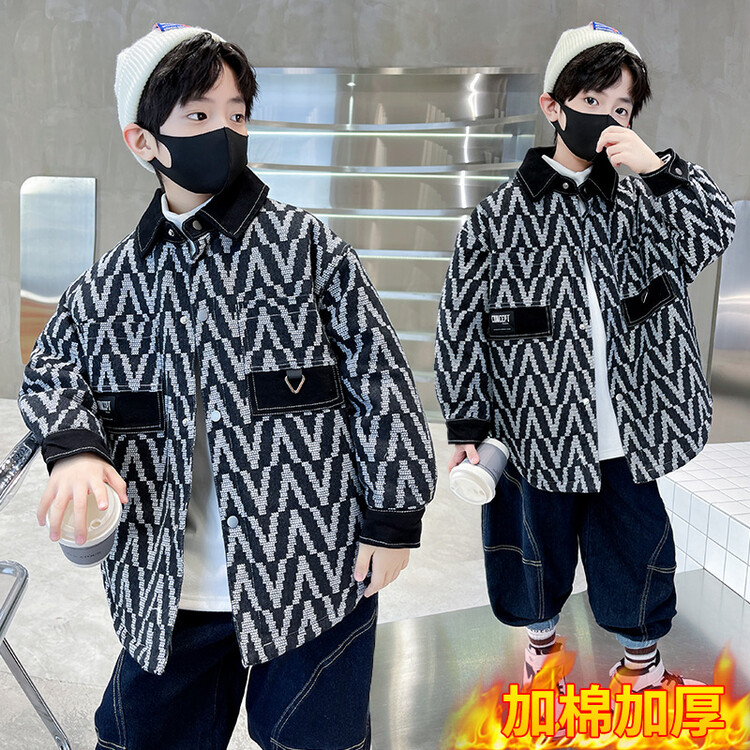 童装男童冬装牛仔加绒加厚外套2023新款中大童秋冬夹棉儿童衣服潮