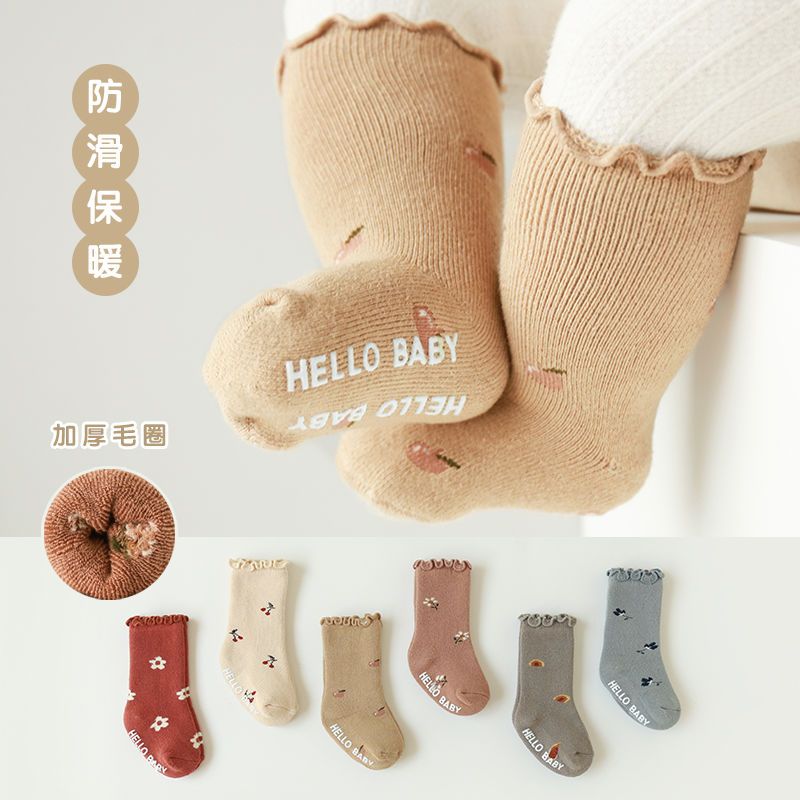 加厚婴儿袜子秋冬新生宝宝袜复古松口加厚隔凉防滑地板袜毛圈保暖