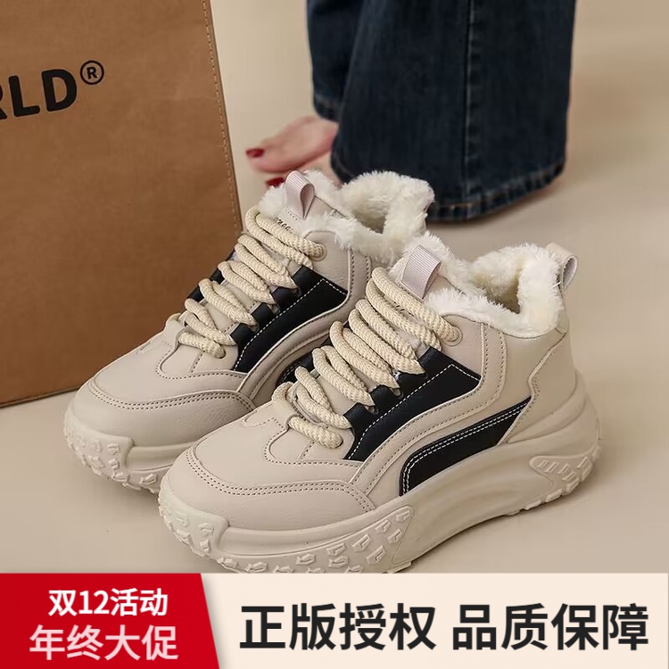 红蜻蜓牌2023新款冬季百搭厚底休闲鞋加绒加厚老爹鞋学生保暖鞋子