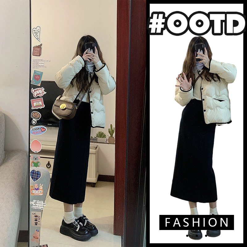秋冬套装裙女韩版加厚外穿棉衣棉服外套高腰显瘦长款半身裙两件套