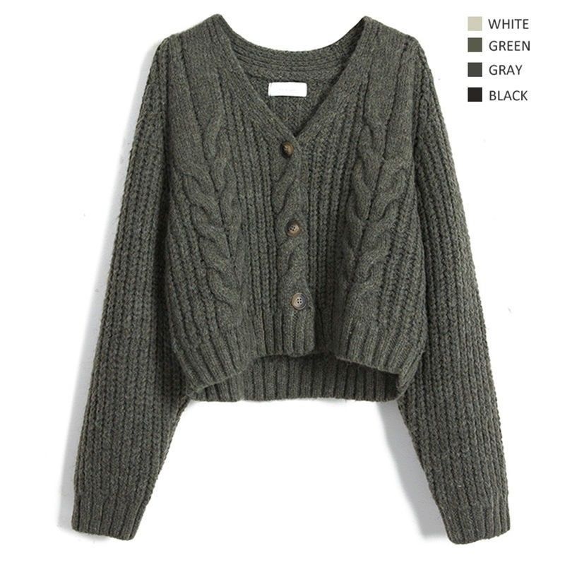 2023秋冬气质港味小仙女出街舒适高腰V领绞花毛衣女针织开衫春秋