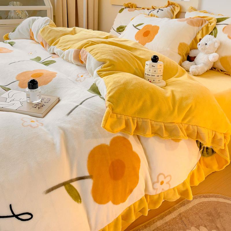 秋冬季加厚牛奶绒床上四件套双面珊瑚绒被套花边法兰绒三件式床组