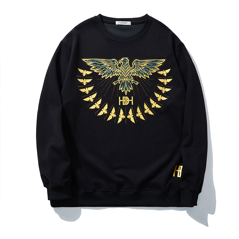 LIUGEJIA/六个加潮牌男士春秋大码飞鹰烫金+烫钻长袖卫衣DT5314