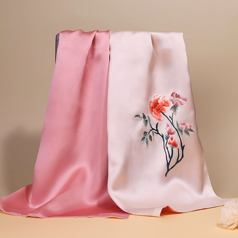 一涵富贵牡丹纯手工刺绣真丝丝巾女士汴绣围巾苏绣旗袍披肩伴手礼